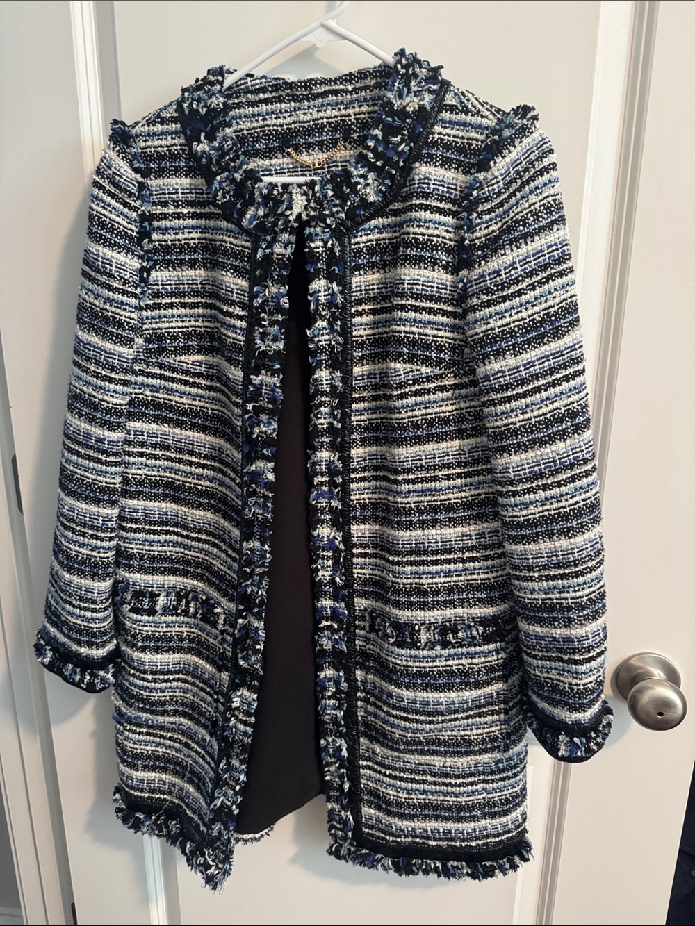 Tory Burch Striped Tweed Open-Front Coat in Multi Colored Blue  and White